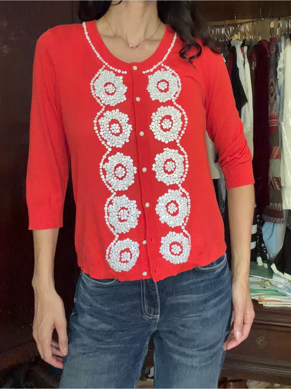 Kate Spade Embellished orange cardigan Top with beaded Trim